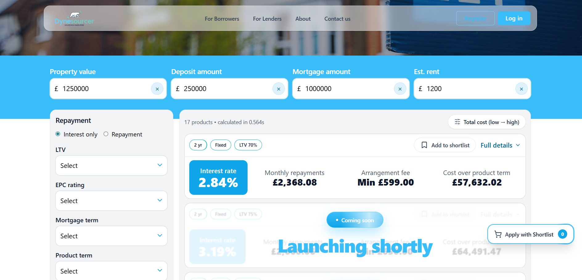 Dynesourcer buy-to-let mortgage sourcing interface showing product comparison